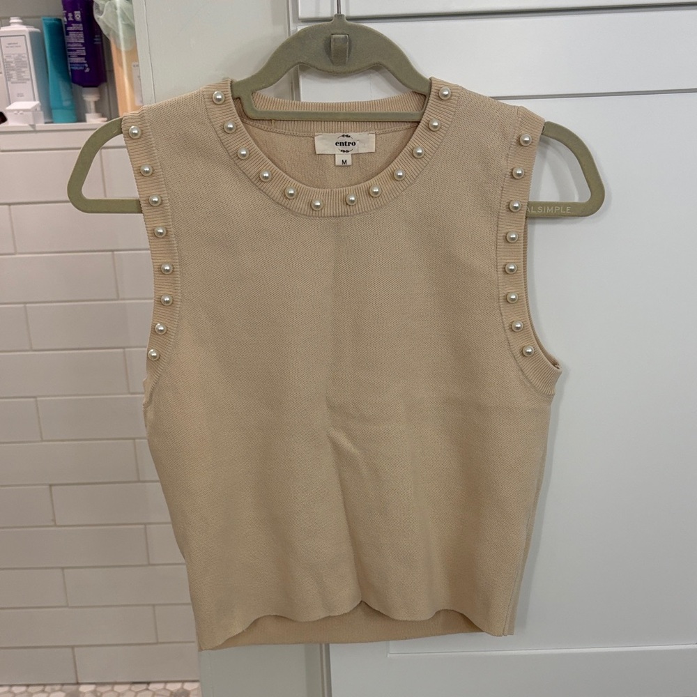 Entro Cream Tank Top with Pearl Details